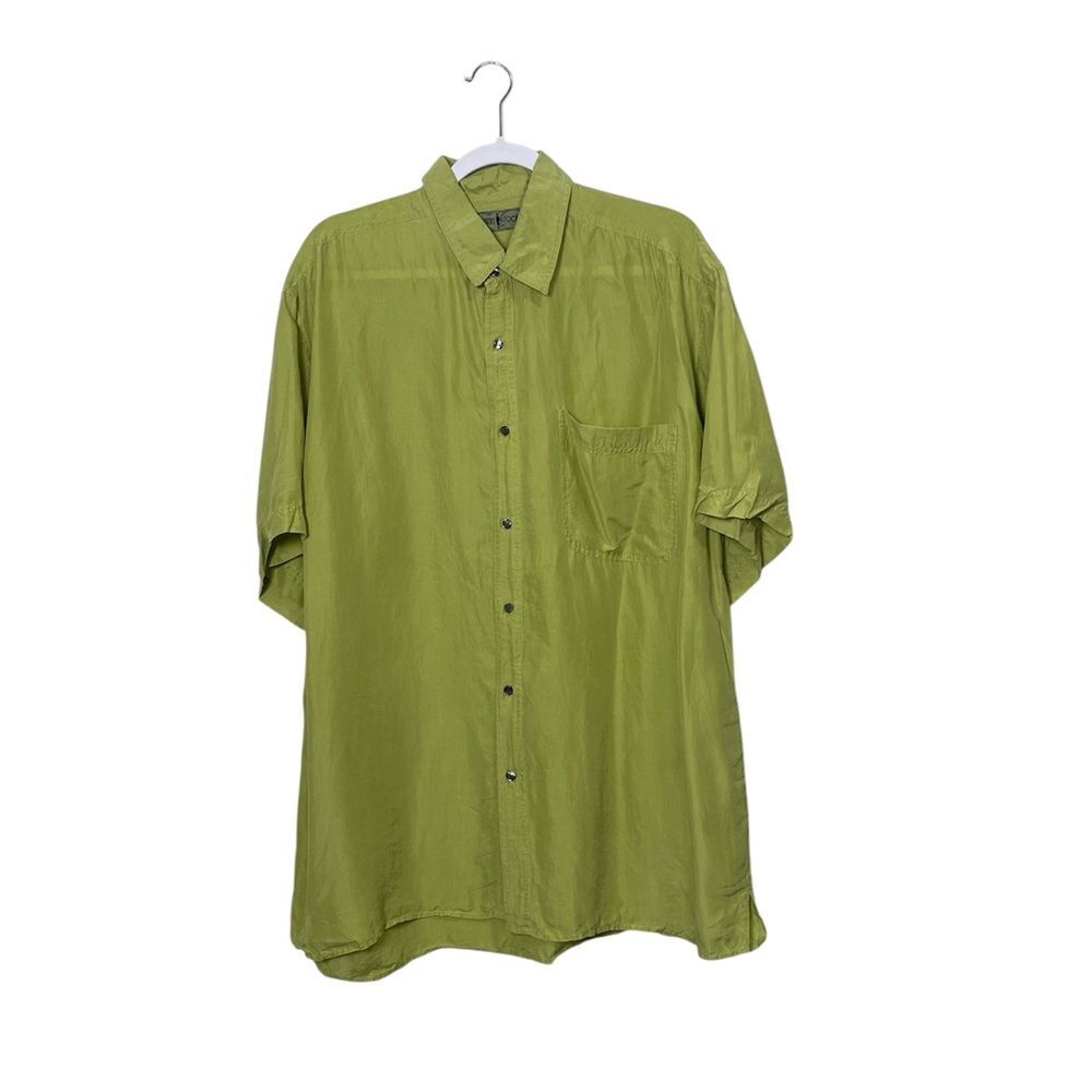 Robert Stock Silk Button Down Shirt MensX Large Green Short Sleeve Luxury Casual